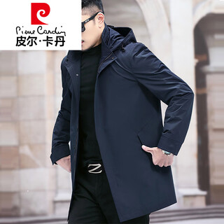 皮尔卡丹（pierre cardin）春秋季男士风衣中长款男装休闲可脱卸连帽中年轻商务外套 藏蓝色 9803 M 170-
