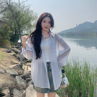 Onedew international brand summer 2025 new sun protection clothes women's loose tops thin design long-sleeved striped shirt blue blue striped original (premium edition) s ready stock one size