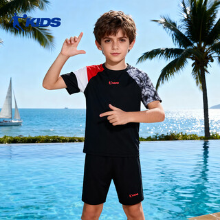 Jordan (qiaodan) children's split boxer swimsuit, boys' sun protection swimsuit, professional training hot spring printed quick-drying swimsuit, black 130, height 105-115cm, weight 30-40jin jin equals 0.5 kg