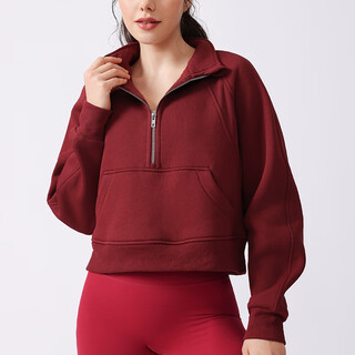 Luluuvttoh2025 autumn and winter new half-zip yoga wear women's short stand-up collar sweatshirt loose fitness training pilates jacket smoked red s