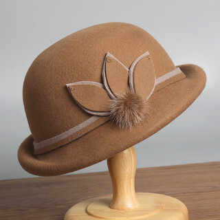 Lanshimengdai 2025 new elegant retro wool basin hat flower pompom decorative top hat hat simple and versatile, small face, camel 56-58cm