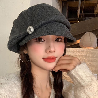 Shen shi yi japanese retro pleated beret women's 2025 new versatile baotou hat big head circumference showing face little painter hat trendy love button beret dark gray one size