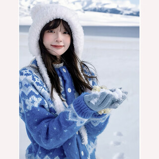 Harudi fair island blue jacquard sweater cardigan for women 2025 winter new lazy style thickened sweater top jacket blue one size fits all (115jin jin is equal to within 0.5 kg)