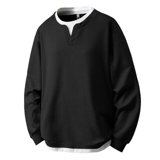 Love noble 971 large size long sleeve t-shirt men's fake two-piece henley collar casual loose sweatshirt with bottoming shirt autumn black one size 1xl (170jin jin is equal to 0.5kg -220jin jin is equal to 0.5kg)