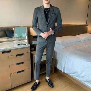 Striped suit men's suit formal professional engagement groom's dress slim business suit k gray m m