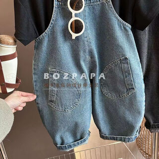 Children's new spring denim overalls short-sleeved suit for boys, autumn and winter style two-piece set, korean style fashion, ancient blue overalls 90