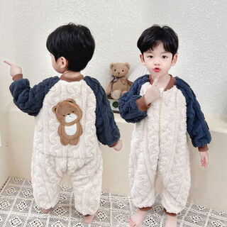 Children's one-piece pajamas autumn and winter flannel double-layer thickened baby baby sleeping bag boy's coral velvet anti-kick 1 picture color 90