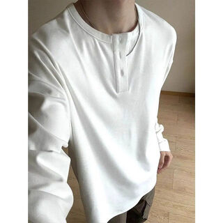 Royalgharry 2025 new versatile henry collar german velvet bottoming shirt for men, casual and comfortable plus velvet warm round neck long-sleeved t-shirt white m