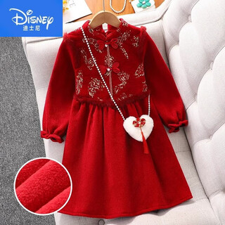Disney (disney) girls' velvet new year's eve clothes 2026 new children's winter clothes national style dress girls' cheongsam hanfu skirt red plus velvet does not include bag 48 shipped with