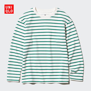 Uniqlo children's clothing boys and girls airism cotton blended round neck t-shirt/long-sleeved striped 474833 55 turquoise 130
