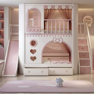 Yusenyigao guardrail upper and lower bunk bed two-layer upper and lower bed solid wood high and low bed children's bed girl princess bed double bed bunk bed-ladder cabinet-double drawer-slide (comes with upper bunk curtains-upper and lower mattresses) more combinations +1500mmx2000mm