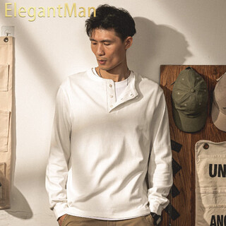 Elegantman american retro heavyweight long-sleeved henley shirt t-shirt open collar tough guy outer wear ami khaki cotton bottoming shirt men's autumn white s _height 165-175, weight 110-125