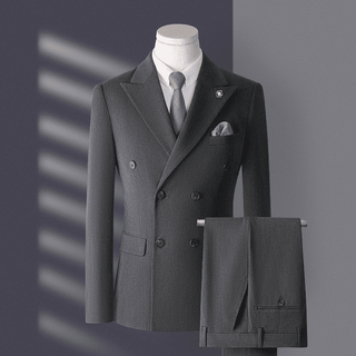 Fat donglai quality men's suit suit korean style trendy casual suit handsome groom wedding double breasted dark gray top + pants free shirt tie l