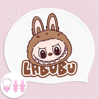 Labu bu swimming cap women's silicone high elasticity waterproof extra large cute cartoon swimming cap labubu waterproof swimming cap + nose clip earplugs