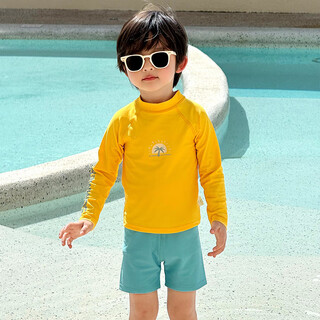 He jiagong boys' swimsuit children's swimsuit 2025 new boys two-piece swimsuit long-sleeved sun protection quick-drying dry suit lemon yellow free swimming cap 90