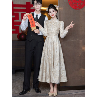 Saidele new chinese engagement evening dress hostess winter champagne color high-end light luxury toast wear bridal long sleeve slim champagne xl (recommended 116-125 jin jin equals 0.5 kg)