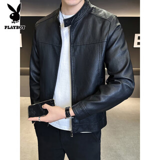 花花公子男士皮衣外套秋冬2025新款高级感痞帅潮牌机车立领男装皮夹克上衣 黑色 常规 L