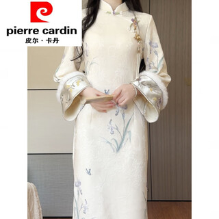 Pierre cardin 2025 winter new high-end temperament improved cheongsam girl flower young style new chinese dress beige printed jacquard plus velvet s