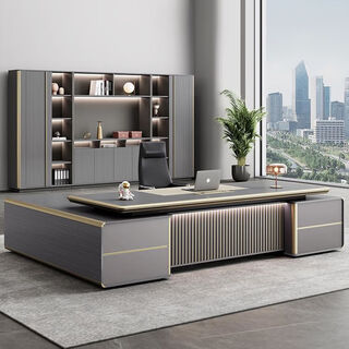 Boss desk, president, chairman desk, executive desk, manager office desk, office desk and chair combination 2000mm luxury executive desk + double side cabinets, rain fog oak-iron gray