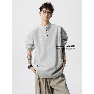 Cotton fantasy mian huan american heavyweight right shoulder deconstructed sweatshirt for men in autumn and winter loose and trendy inner layering shirt henry collar long-sleeved t-shirt dark heather gray xl