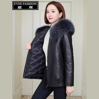 Yinghui genuine leather coat for women haining sheepskin mid-length coat fox fur collar hooded down jacket removable autumn and winter style black batik pattern xl