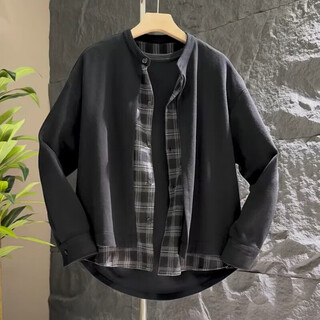 Xiaohongshu autumn new simple fake two piece henley collar cardigan sweater men's trendy loose and versatile black m 100-120jin jin is equal to 0.5kg
