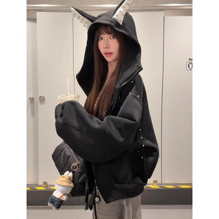 Xiaohongshu korean high street niche doberman ear coat for women spring and autumn design niche couple national fashion brand cardigan sweatshirt black-version spring and autumn thin section m