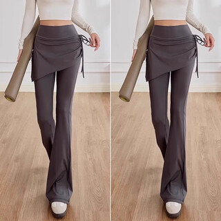Micro-flared yoga pants for women, fake two-piece skirt, butt curtain, high-waisted butt-lifting sports fitness pants, pilates training clothes, dark gray + dark gray, two-piece set 3xl