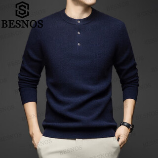 Besnos light luxury pure cashmere sweater men's thickened winter henley neck sweater round neck casual warm knitted bottoming shirt navy blue xl (180)