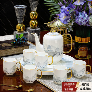 Han ming new chinese style tea set complete set for housewarming gift jingdezhen water cup teapot living room household high-end ceramic cup set high-end bone china tea set 8-piece gift box