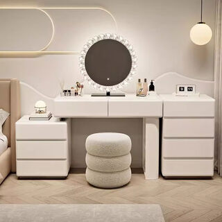 Yusenyi 2024 new dressing table, bedroom and drawers, one-piece modern simple solid wood dressing table and bedside table, small apartment cream 0:8m dressing table + three drawers + crystal mirror + pier stool assembled solid wood frame + white