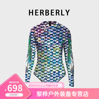 Oemg high-end herberly swimsuit women's long-sleeved sunscreen mermaid performance swimsuit surf diving blue s