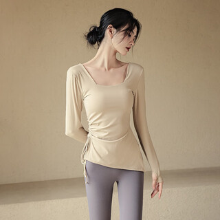 Women's summer sports tops with chest pads, yoga wear, slimming, long-sleeved running, pilates training, fitness clothes, oatmeal color s