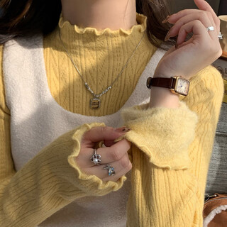 Angel mood velvet bottoming shirt for women, autumn and winter style white sweater with fungus edge design, warm top for women, corn yellow velvet s