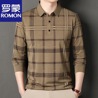 Luo meng high-end men's long-sleeved t-shirt, thickened velvet, spring and autumn middle-aged dad's casual striped warm base polo shirt, apricot xl