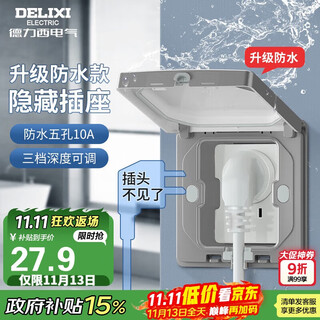 德力西（DELIXI）开关插座86型嵌入式插座冰箱内嵌式隐藏式插座 防水星空灰10A五孔
