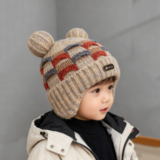 Baby hat, warm and thickened knitted ear protection hat for autumn and winter, cute boy and girl winter windproof woolen hat, trendy beige, velvet lining, reference 2-7 years old/hat circumference 49-53cm