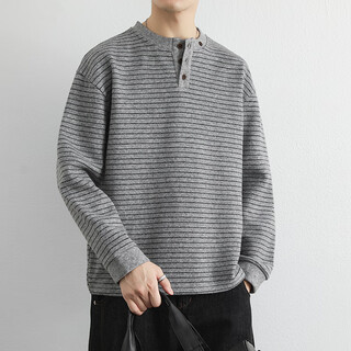 Xiaohongshu's hot style contrasting striped sweater for men in autumn and winter japanese style retro warm thickened inner henley collar light gray m120jin jin is equal to 0.5kg or less, one size fits all