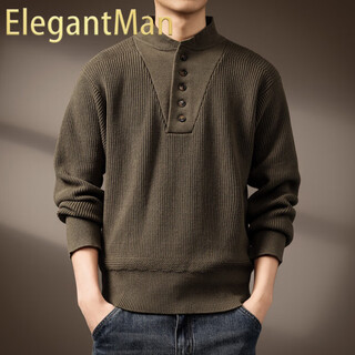 Elegantman high-end american tough guy retro henry collar sweater for men spring and autumn new thickened warm heavy base sweater for men tuhao green s _suitable for 90-110jin jin is equal to 0.5 kg