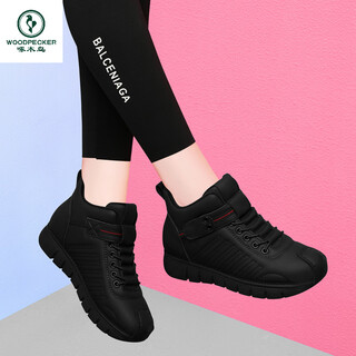 Woodpecker genuine leather high-top shoes for women 2025 new autumn and winter temperament cotton shoes soft sole middle-aged mother lightweight casual sports shoes jst 2219 black plus velvet heel height 3cm 35