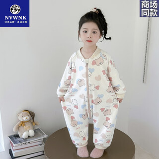 Nvwnk children's one-piece pajamas, autumn and winter warm girls' home clothes to prevent colds, winter thickened rompers, baby sleeping bags, bear 90 cm