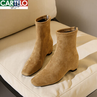 Cartelo french genuine leather versatile inner heightening and slim boots for women 2025 autumn and winter new short boots for women small ankle boots plus velvet camel 34