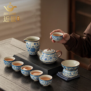 Close-up view of light luxury tea set for home ru kiln blue and white porcelain 2025 new high-end teapot and tea cup complete set housewarming gift ru kiln flowery stone ladle pot set gift box 10 pieces