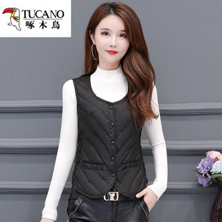 Woodpecker down vest women's short thin and slim white duck down vest waistcoat inner down jacket liner autumn and winter black m