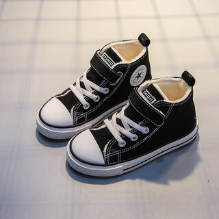 Feather duck children's cotton shoes 2025 autumn and winter plus velvet boys and girls canvas shoes warm winter shoes high top children's cotton shoes velcro-black 32