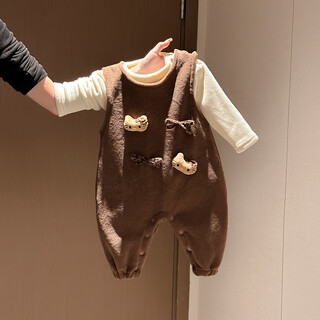 Mondelli baby clothes autumn and winter one-piece baby girl winter overalls two-piece set cute super cute little one-month-old full-month clothes coffee color kitten 90cm
