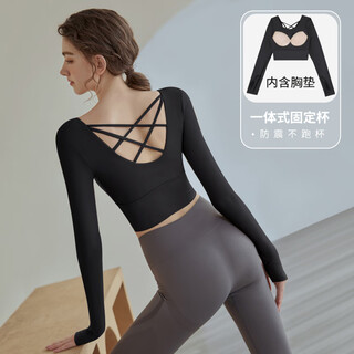 Yoga wear for women 2025 new spring and autumn sports top running pilates training fitness long-sleeved suit black top fixed cup breast pad m weight 95-105jin jin equals 0.5 kg