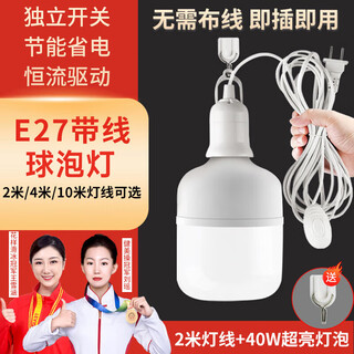 Magic color led light bulb plug integrated e27 screw socket energy-saving super bright factory industrial workshop plug-in hanging wire light switch extension cord hanging light strip line two plugs 2 meters light cord + 1 40w bulb