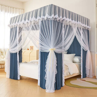 Midele's new double-layer blackout bed curtain mosquito net integrated three-door curtain home palace floor-standing princess bedroom window curtain navy blue mosquito net + curtain + bracket with light 1 point 2 beds x 2m long thickened paint bracket