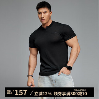 Muscle dog muscle dog lyocell breathable short-sleeved t-shirt men's summer slim cuffs miniature henley shirt training fitness top black s